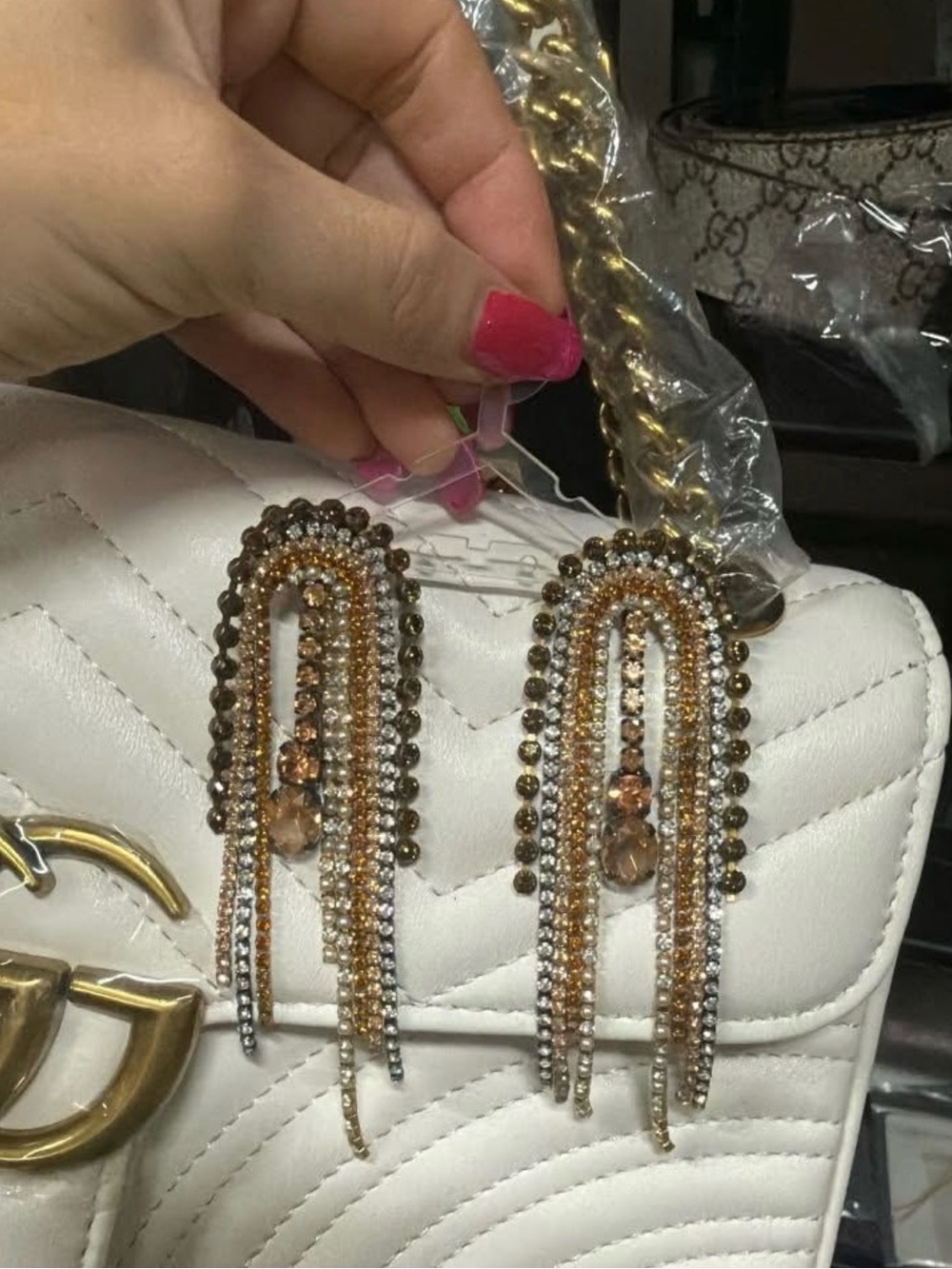 Statement Crystal Fringe Earrings in Gold and Brown